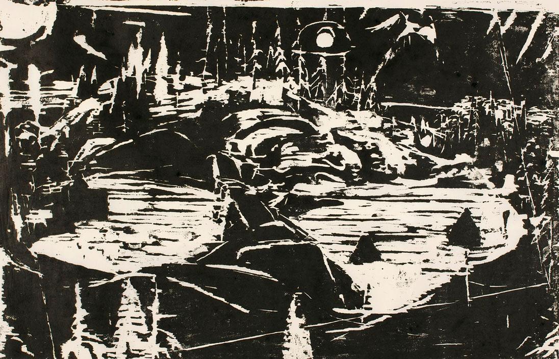 Ernestine Rotter-Peters, Über den Mondteichen, um 1950, Holzschnitt auf Japanpapier, 62 x 81,5 …