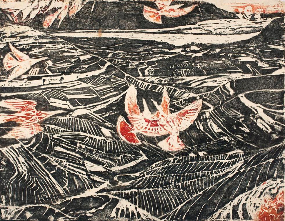 Ernestine Rotter-Peters, Über den Hügeln I, um 1952, Holzschnitt, 61 x 80 cm, Belvedere, Wien, …