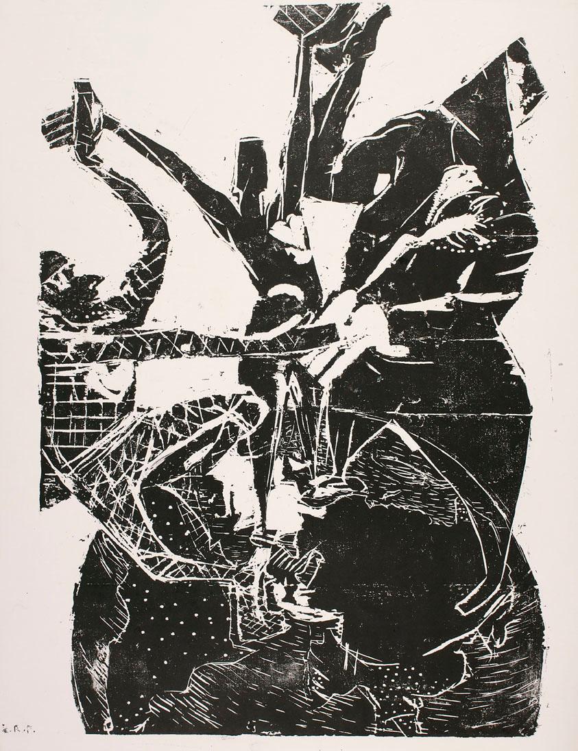 Ernestine Rotter-Peters, Ökonomie von Kräften, um 1952, Holzschnitt, 80 x 56 cm, Belvedere, Wie…