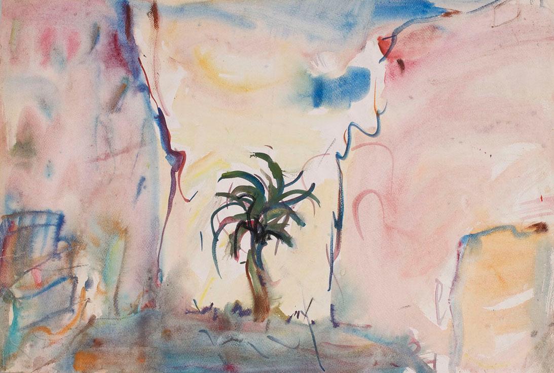 Ernestine Rotter-Peters, Häuser mit Palme (Teneriffa), 1976, Tempera auf Papier, 46,5 x 67,5 cm…