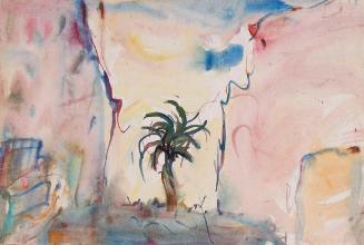 Ernestine Rotter-Peters, Häuser mit Palme (Teneriffa), 1976, Tempera auf Papier, 46,5 x 67,5 cm…