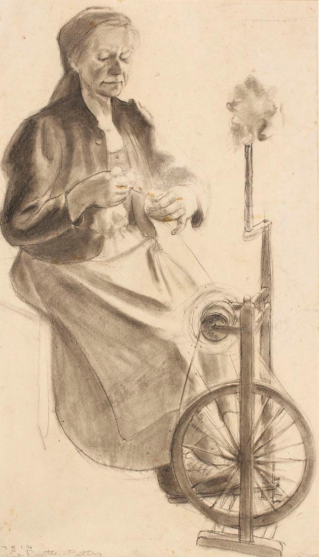 Ernestine Rotter-Peters, Frau am Spinnrad, 1930–1940, Kohle auf Papier, 47,6 x 27,4 cm, Belvede…