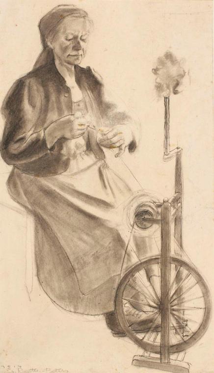 Ernestine Rotter-Peters, Frau am Spinnrad, 1930–1940, Kohle auf Papier, 47,6 x 27,4 cm, Belvede…