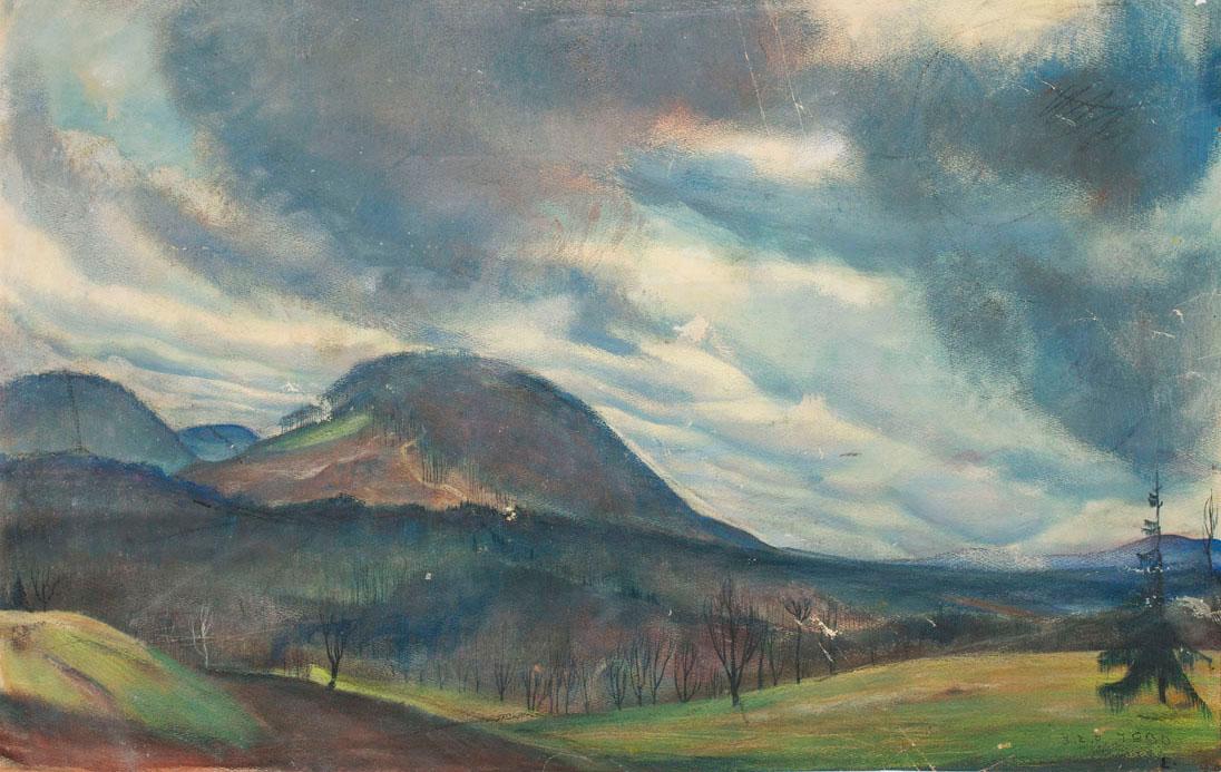 Ernestine Rotter-Peters, Landschaft mit Berg und Gewitterwolken, 1930, Tempera auf Papier, 45 x…