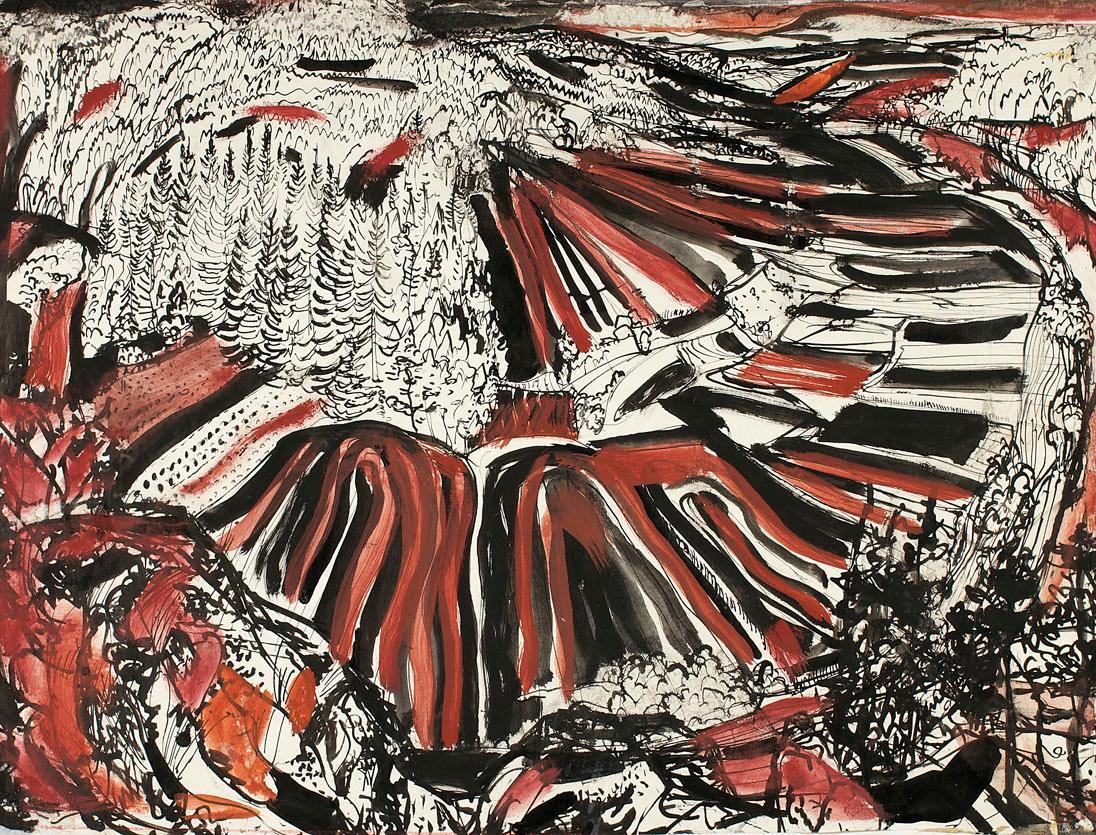 Ernestine Rotter-Peters, Semmering, um 1950, Tusche und braunes Tempera auf Papier, 59 x 79 cm,…