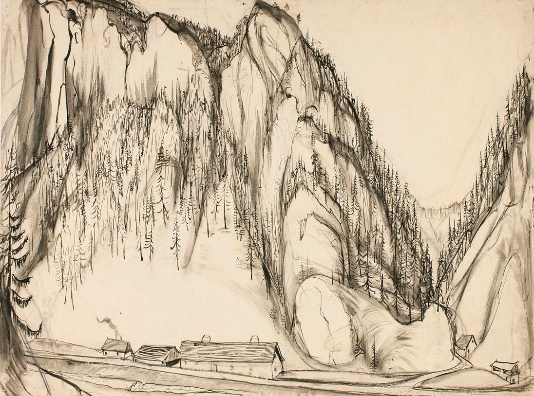 Ernestine Rotter-Peters, Semmering, 1950er-Jahre, Japanische Tusche auf Papier, 58 × 75 cm, Bel…