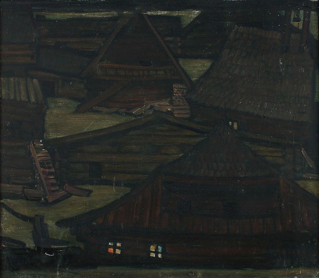 Ernestine Rotter-Peters, Bauernhäuser, 1920-1930, Öl auf Karton auf Pressspanplatte kaschiert, …