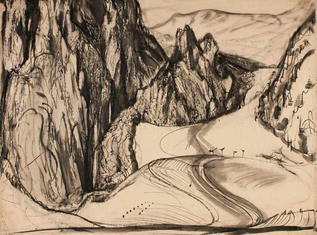 Ernestine Rotter-Peters, Semmering, 1950er-Jahre, Japanische Tusche auf Papier, 57 × 75 cm, Bel…