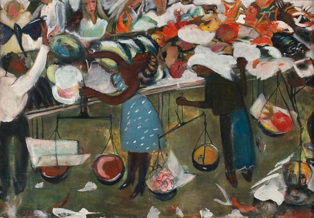 Ernestine Rotter-Peters, Fischmarkt auf Teneriffa, 1976, Öl auf Karton auf Pressspanplatte kasc…