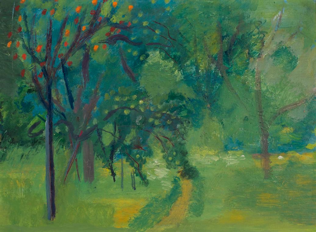Leopold Birstinger, Obstgarten, um 1970, Öl auf Holz, 52,4 × 70,1 cm, Leihgabe der Artothek des…