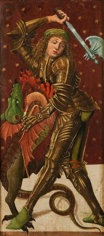 Simon von Taisten (?), Hl. Georg als Drachentöter, um 1490, Malerei auf Tannenholz auf Spanplat…