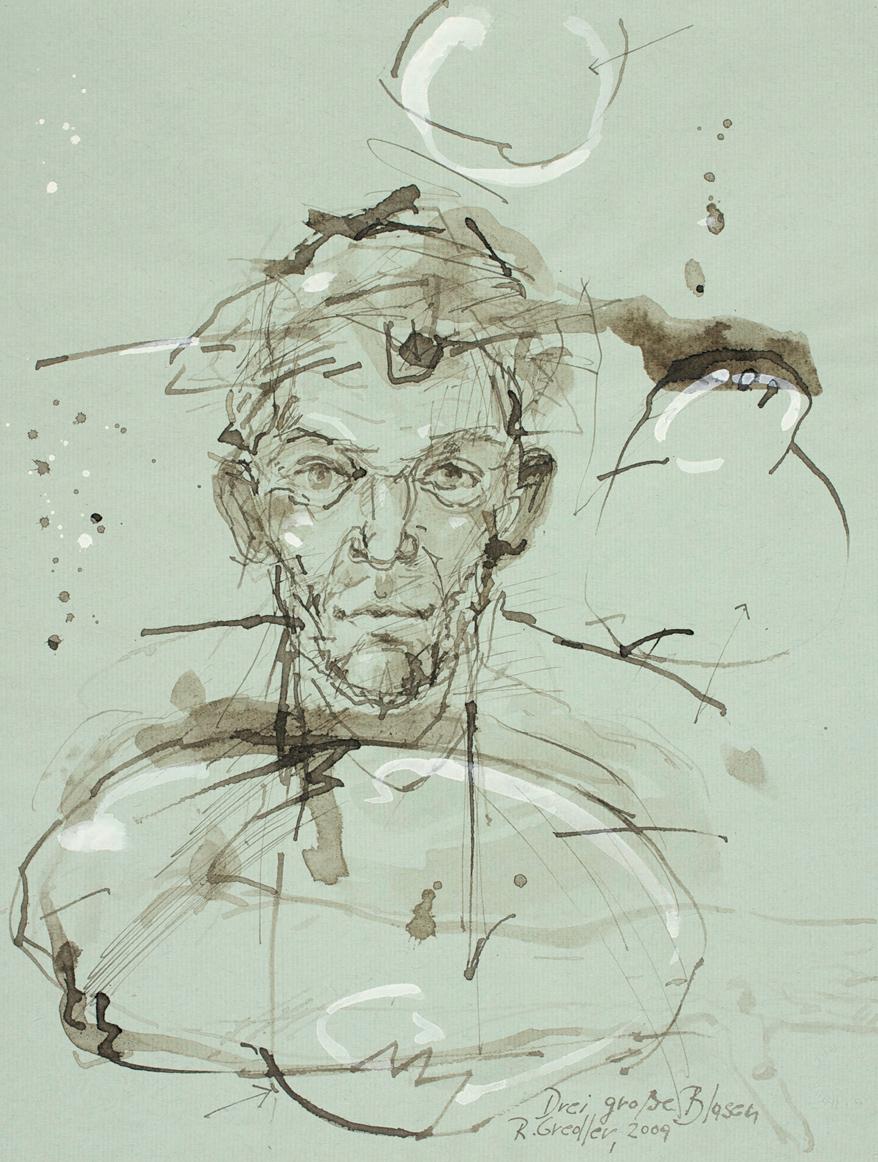 Rupert Gredler, Drei große Blasen (Selbstporträt), 2009, Wasserfarbe auf Büttenpapier, 32 × 24,…