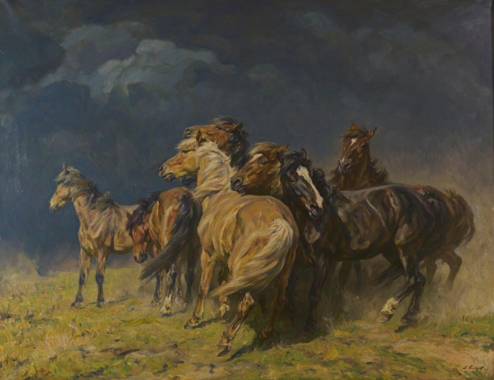 Alfred Roloff, Pferde im Sturmwind, undatiert, Öl auf Leinwand, 112 x 147,5 cm, Belvedere, Wien…