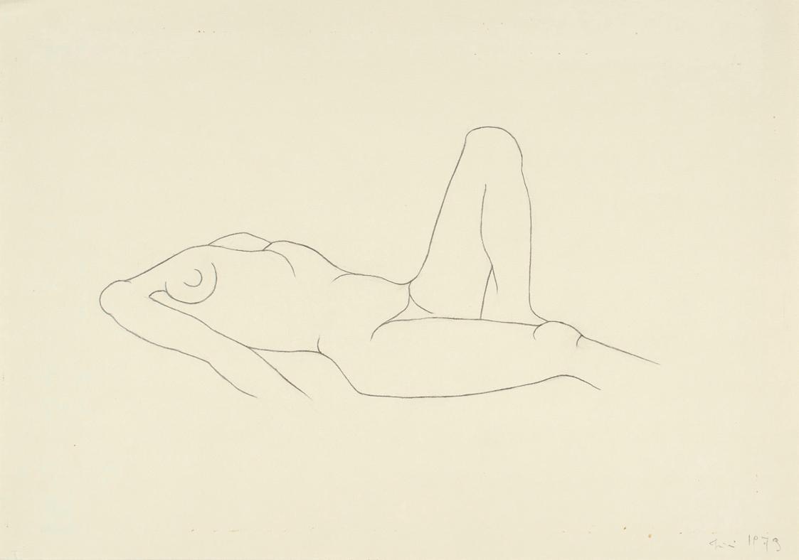 Josefine Sokole, Liegender weiblicher Akt, 1973, Bleistift auf Papier, 29,5 × 42 cm, Belvedere,…