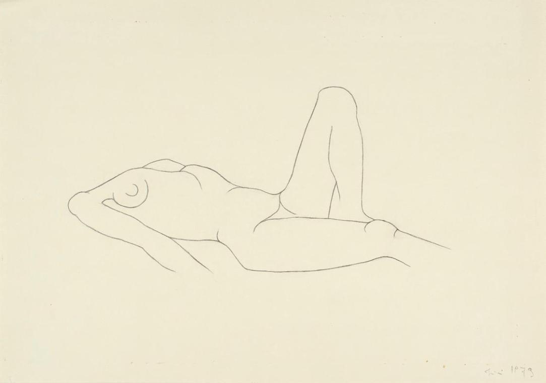 Josefine Sokole, Liegender weiblicher Akt, 1973, Bleistift auf Papier, 29,5 × 42 cm, Belvedere,…