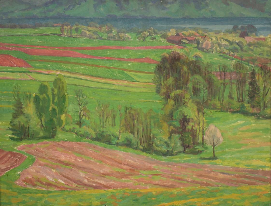 Walther Gamerith, Atterseelandschaft im Frühling, um 1940, Öl auf Leinwand, 66 x 87,5 cm, Belve ...