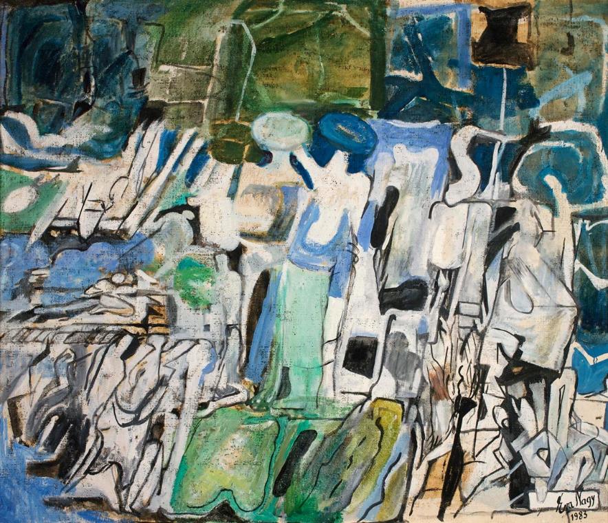 Éva Nagy, Komposition in Blau, Weiß, Schwarz, 1983, Öl auf Jute, 110 x 130 cm, Belvedere, Wien,…