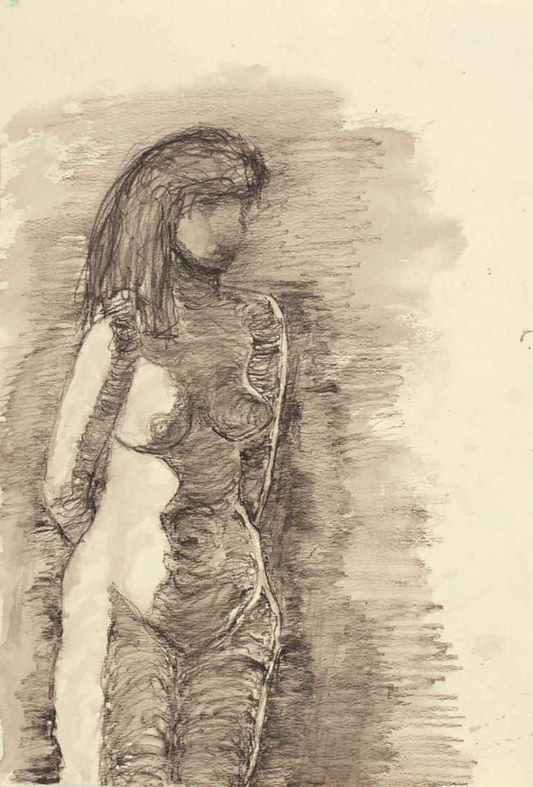Josefine Sokole, Weiblicher Akt, undatiert, Bleistift, Ölkreide, Tusche laviert auf Aquarellpap…
