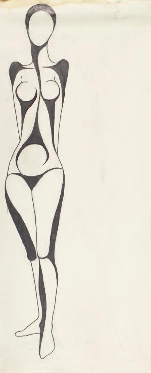 Josefine Sokole, Stehender weiblicher Akt, 1973, Bleistift und Filzstift auf Papier, 62,1 × 25 …