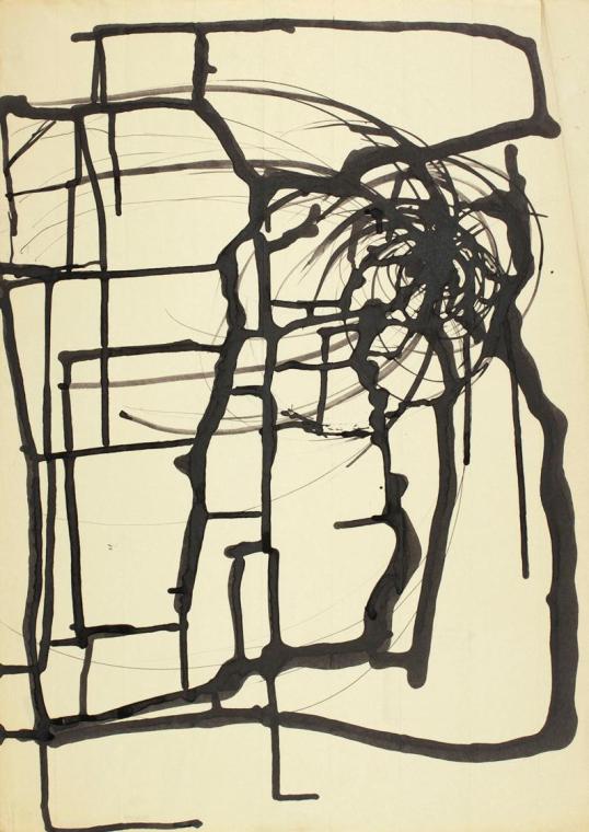 Josefine Sokole, Ohne Titel, 1983, Tusche auf selbstklebendem Papier, 61 × 43,3 cm, Belvedere, …