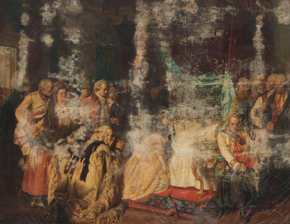 Georg Conräder, Kaiser Joseph II. auf dem Totenbett, 1874, Öl auf Leinwand, 330 × 436 cm, Belve…