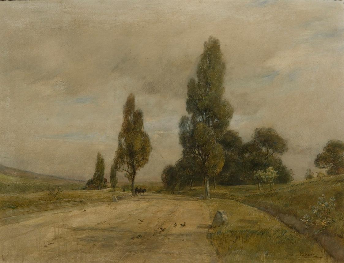 Rudolf Ribarz, Straße bei Deutsch-Altenburg am Fuß des Türkenhügels, um 1898, Öl auf Karton, 66…