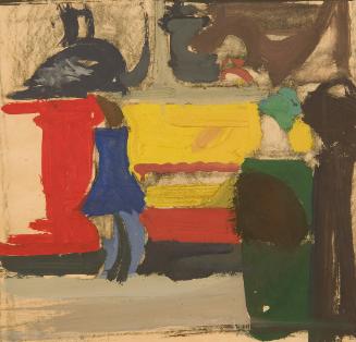 Peter Krawagna, Bus-Haltestelle I, um 1980, Kunstharz auf Papier auf Preßspanplatte, 53 x 50 cm…