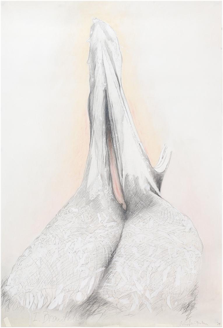 Birgit Jürgenssen, I. Brautkleid, 1979, Bleistift, Farbstift auf Papier, weiß gehöht, 102 × 70 …