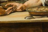 Josef Danhauser, Die Klostersuppe, Detail: Der Griff nach dem Brot, 1838, Öl auf Holz, 85,5 x 1 ...