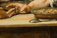 Josef Danhauser, Die Klostersuppe, Detail: Der Griff nach dem Brot, 1838, Öl auf Holz, 85,5 x 1…