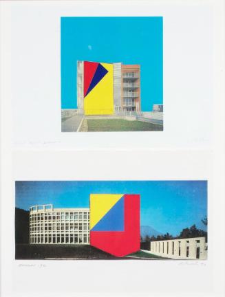 Roland Goeschl, Entwurf Projekt Eselsohr, 1990, Mischtechnik auf Farbfotografie, Blattmaße: 21,…