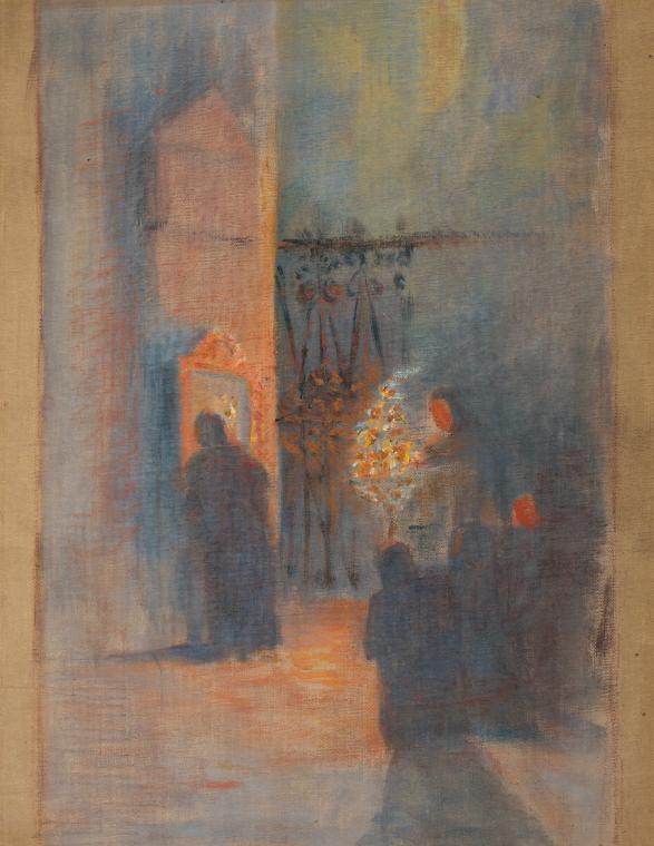 Franz Jaschke, Andacht in der Kirche, undatiert, Öl auf Leinwand, 40 x 22 cm, Belvedere, Wien, …