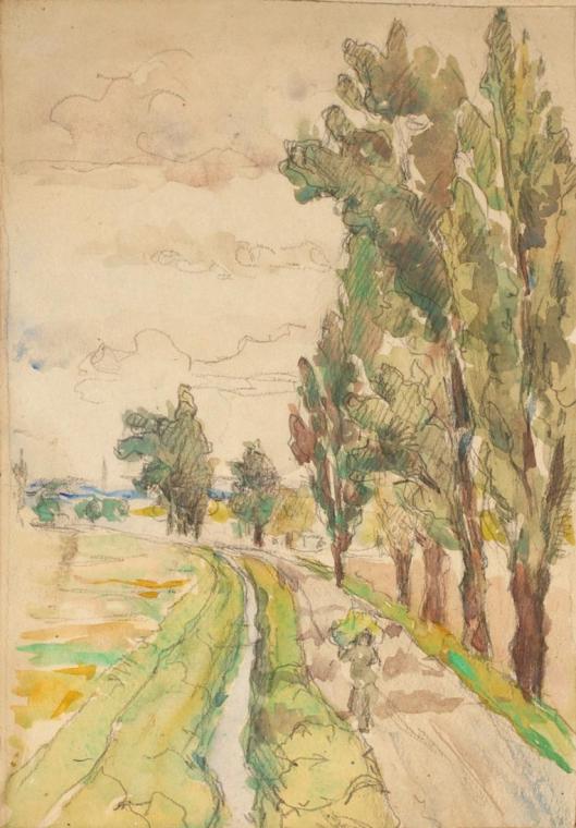 Franz Jaschke, Dorfstraße mit einer Figur, einem Bach und die Straße einsäumende Bäume, im Hint…