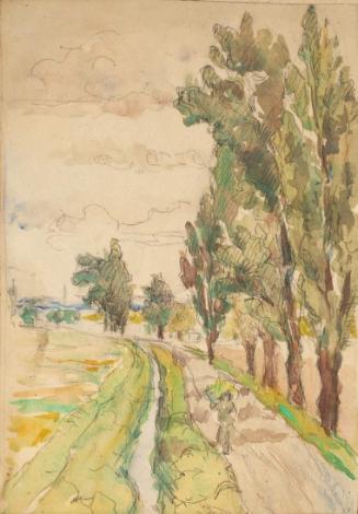 Franz Jaschke, Dorfstraße mit einer Figur, einem Bach und die Straße einsäumende Bäume, im Hint…