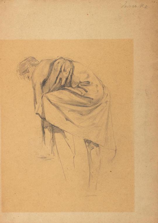 Franz Jaschke, Figurenstudie einer sich nach links Bückenden, undatiert, Blauer Farbstift auf P…