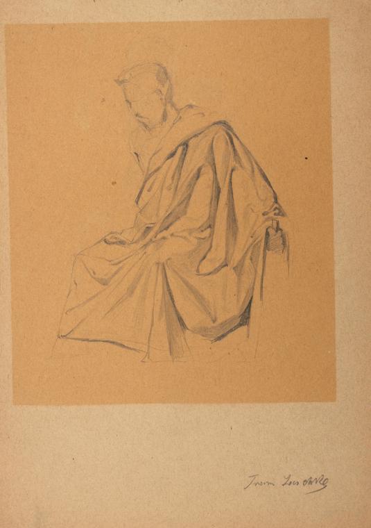 Franz Jaschke, Figurenstudie eines nach links Sitzenden, mit einem Tuch bekleideten Mannes, und…