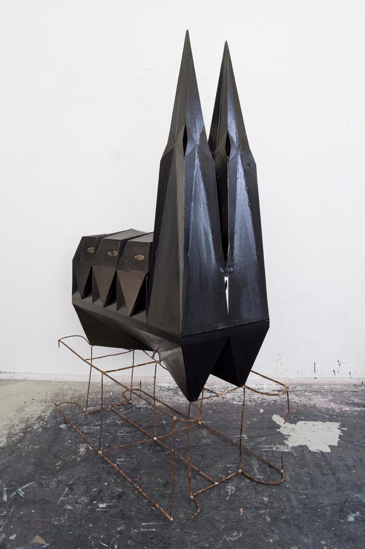Tillman Kaiser, Innenblick Kirche, 2011, Karton, Tusche, Glas, Schmetterlingsflügel, Eisen (Fis…