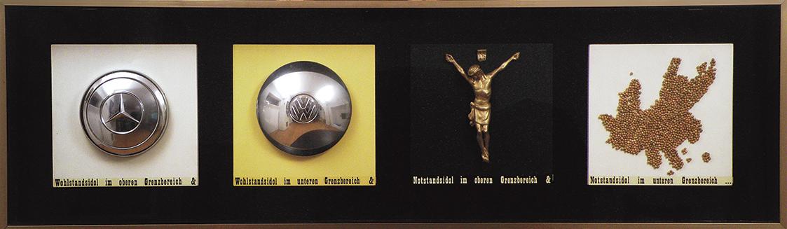 Curt Stenvert, Wohlstandsidol im oberen Grenzbereich [...], 1965, Öl auf Holz, Metall, Erbsen, …