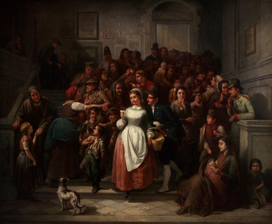 Friedrich Friedländer Ritter von Malheim, Nach der Lotterieziehung, 1859, Öl auf Leinwand, 81 x…