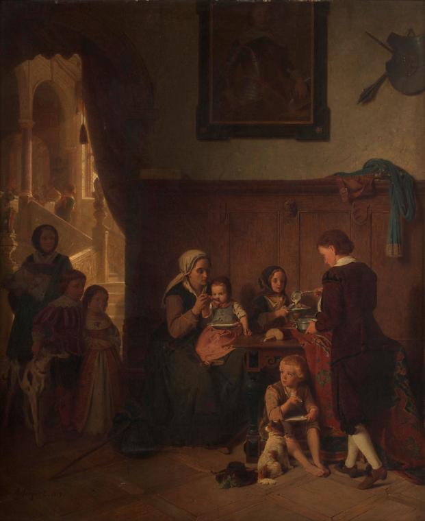 August Friedrich Siegert, Bewirtung einer armen Familie, 1859, Öl auf Leinwand, 130 x 94 cm, Be…
