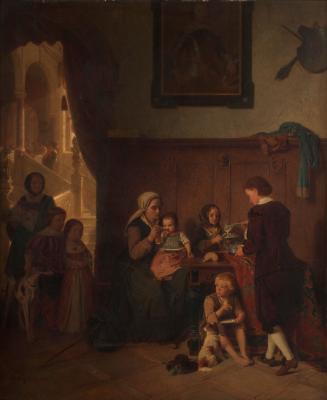 August Friedrich Siegert, Bewirtung einer armen Familie, 1859, Öl auf Leinwand, 130 x 94 cm, Be ...