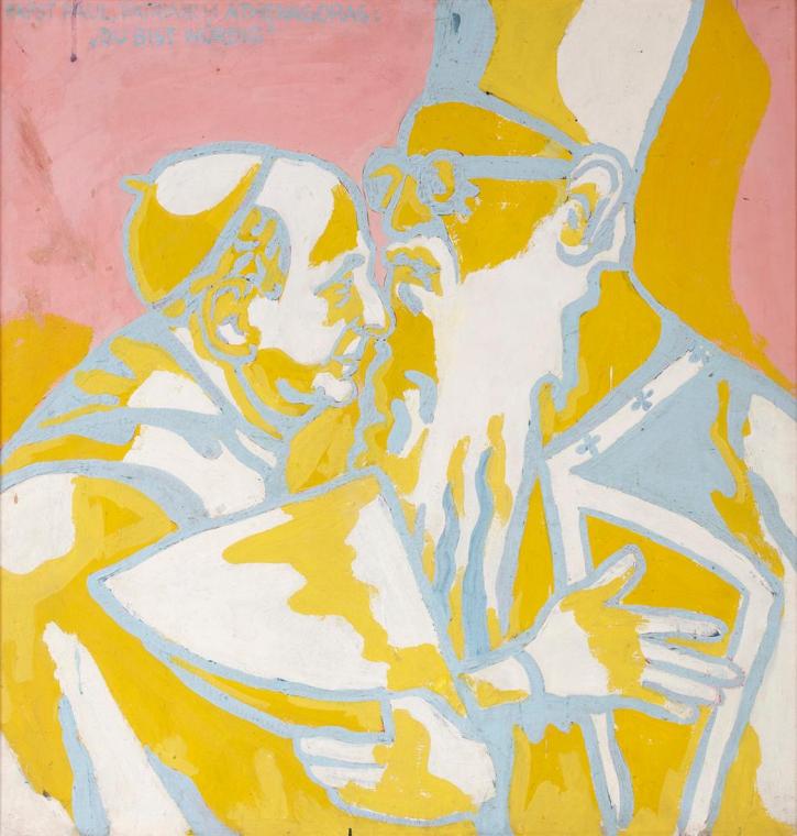 Otto Muehl, Paul VI. und Athenagoras, 1968, Öl auf Hartfaserpaltte, 88 x 85 cm, Dauerleihgabe E…