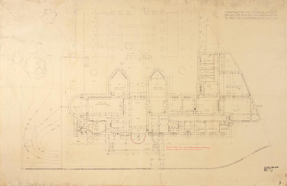 Josef Hoffmann, Grundriss Erdgeschoss Palais Stoclet (groß), 1906, Plandruck, Ergänzungen mit r…
