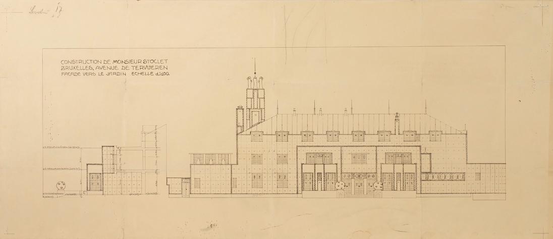 Josef Hoffmann, Aufriss Gartenfassade Palais Stoclet, 1906, Plandruck mit ergänzenden Bleistift…