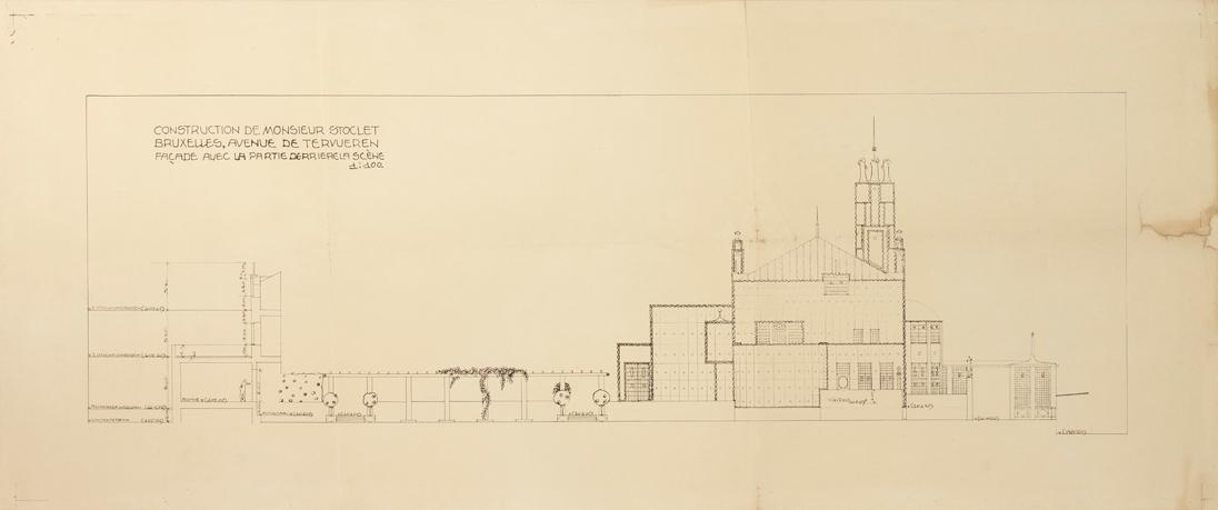 Josef Hoffmann, Querschnitt Palais Stoclet mit Gartenanlage, 1906, Plandruck, 38,5 x 89,8 cm, B…