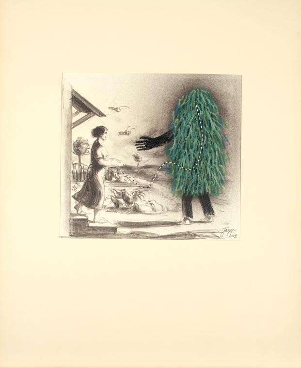 Richard Dreyer, Von den Fischer und siine Fru, 2002, Kreidezeichnung, Collage auf Papier, Blatt…
