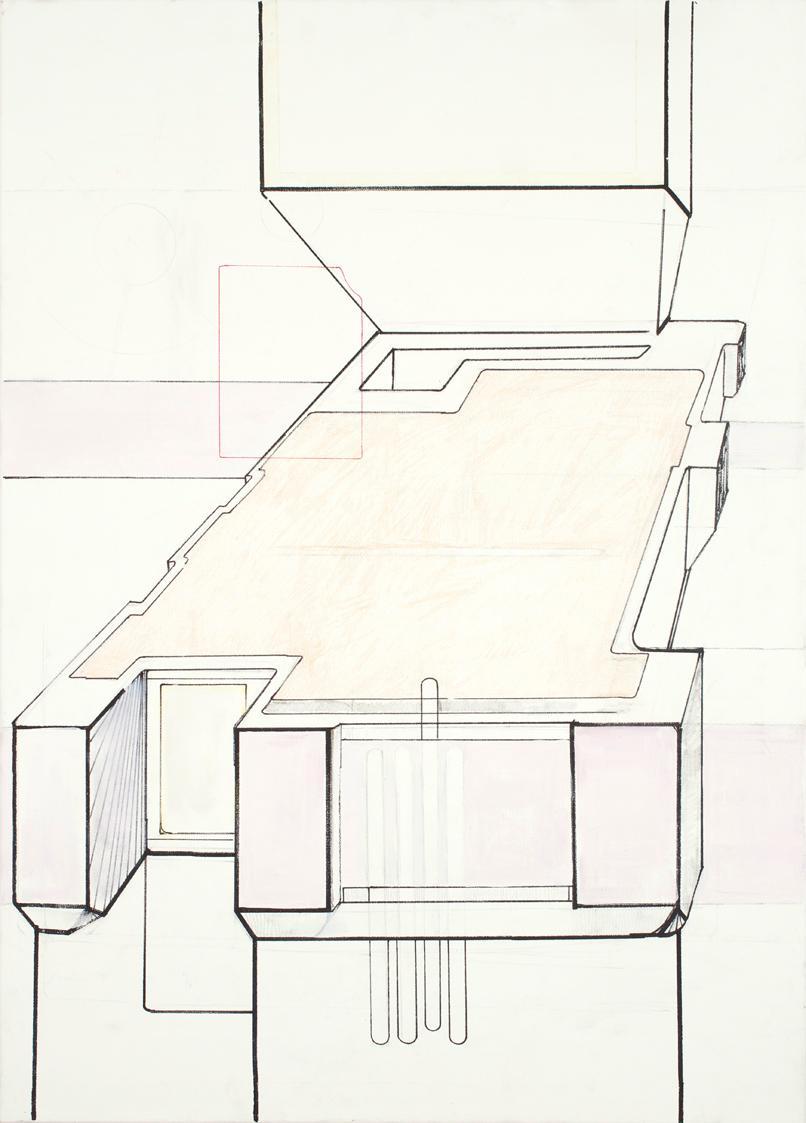 Anastasia Douka, Plattform, 2001, Tusche, Bleistift, Acryl auf Leinwand, ohne Rahmen: 105 × 75 …