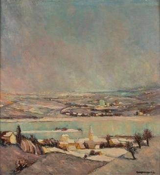 Rolf Habermann, Blick auf das Kahlenbergerdorf (im Hintergrund Floridsdorf), 1947, Öl auf Holzf…