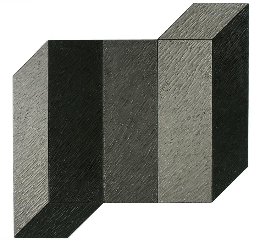 Helga Philipp, Shaped Canvas, 1989, Grafit- und Aluminium-Pigment auf Holz, 130 × 130 cm, Belve…