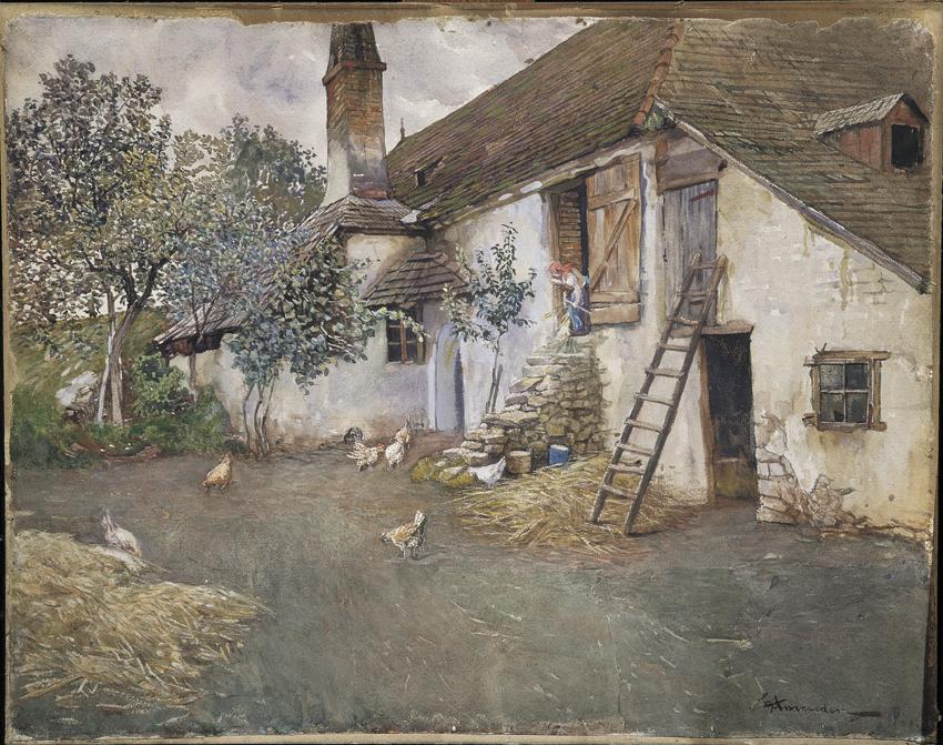Eduard Ameseder, Bauernhof in Niederösterreich, um 1914, Aquarell auf Papier auf Karton, 40 x 5…